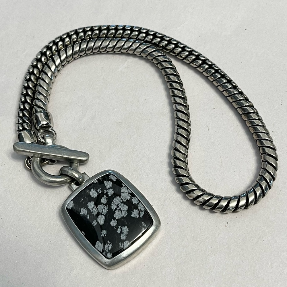 Vintage Ben Amun Obsidian Stone Toggle Chain Silver Necklace Signed Snowflake